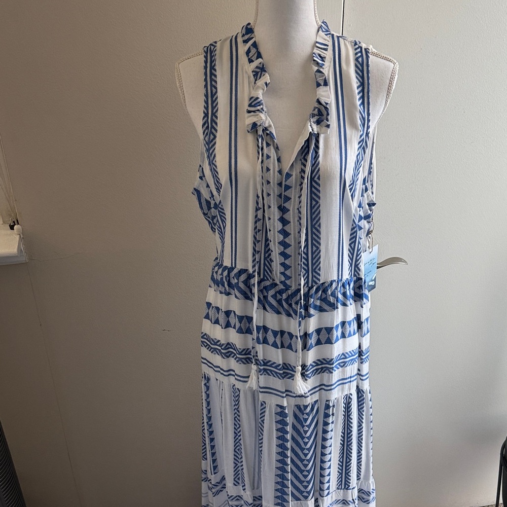 Japna Blue and White Geometric Maxi Dress